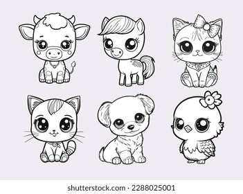 Set of cartoon farm animals - cat, dog, horse, cow, chick. Cute pets in line drawing. Vector illustration on isolated background. For printable children's coloring page or book, kids toddler activity.