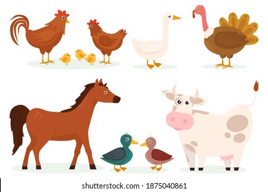 Set of cartoon farm animals characters. Cute cartoon animals collection: sheep, cow, donkey, horse, pig, duck, goose, chicken, rooster. Vector illustration
