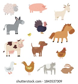 Set of cartoon farm animals. Collection of funny pets and different stylized domestic animals. Vector illustration for children. Zoo.