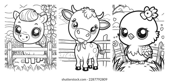 Set of cartoon farm animals - cow, chick, horse. Cute pets in line drawing. Vector illustration on isolated background. For printable children's coloring page or book, kids toddler activity.