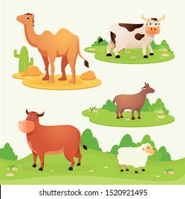 Set of cartoon farm animals for Eid al Adha. Muslim holiday the sacrifice a camel, sheep, buffalo, cow and goat