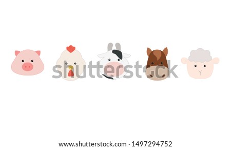 Set of cartoon farm animals, face of pig, rooster, cow, horse, sheep
