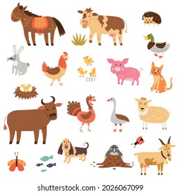 Set cartoon farm animals: horse, cow, bull, hedgehog, duck, goose, chicken, hare, pig, sheep, goat, turkey, dog, cat, mole. Vector hand draw clipart