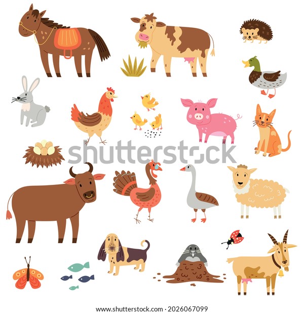 Set cartoon farm animals: horse, cow, bull, hedgehog, duck, goose