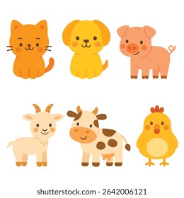 Set of cartoon farm animals including cat, dog, pig, goat, cow, and chicken. Flat colorful illustration on white background. Domestic animals and farm life concept. Design for sticker, card