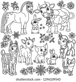 set of cartoon farm animals  . Outline collection for babies and little kids  .Black and white vector illustration 