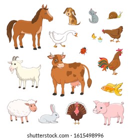 set of cartoon farm animals and poultry on white