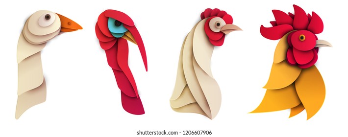 Set of cartoon farm bird in trendy paper cut craft graphic style. Goose, rooster, chicken,turkey. Modern design for advertising, branding greeting card, cover, poster, banner. Vector illustration.