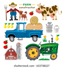 Set of cartoon farm elements with barn, tractor, pick-up, cow, dog and farmer.