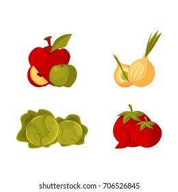 Set of cartoon farm products, fruit and vegetables - apple, bulb onion, cabbage, tomato, vector illustration isolated on white background. Cartoon style whole raw apple, bulb onion, cabbage, tomato