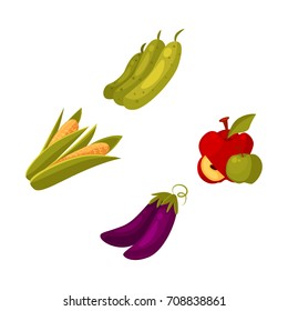 Set of cartoon farm products, fruit and vegetables - apple, zucchini, corn, eggplant, vector illustration isolated on white background. Cartoon style whole raw corn, eggplant, zucchini, apple