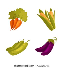 Set of cartoon farm vegetables - corn, carrot, zucchini, eggplant, vector illustration isolated on white background. Cartoon style whole raw corn, carrot, zucchini, eggplant vegetables, farm products