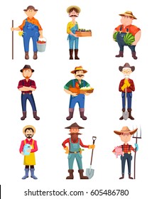 Set of cartoon farmer, man with watermelon and holding plum, worker in hat with shovel and pig, milk can and hen with eggs. Harvest and food, agriculture and redneck, village farm theme