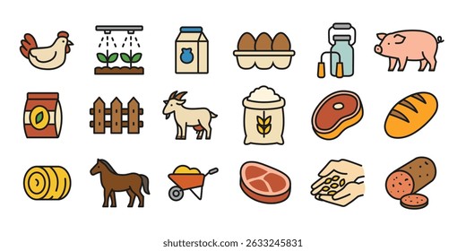 Set of cartoon farming and agriculture icons including livestock, dairy, vegetables, bread, seeds, tools, and meat. Flat vector illustrations. Design for banner, poster, sticker, greeting card