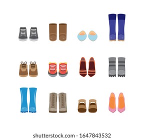 Set of cartoon fashion boots and shoes icons, flat vector illustration isolated on white background. Walking casual and festive footwear symbols collection.