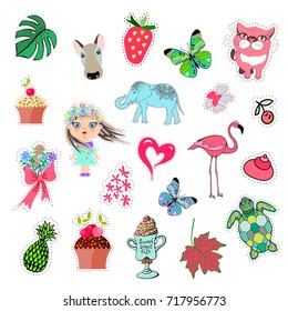 Set of cartoon fashion patch badges and pins. Colorful vector stickers in pop art style. Elephant, flamingo, cat, dog, turtle, pineapple, butterfly, flower, cake, strawberry, cherry, maple leaf.