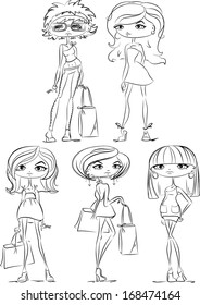 Set of cartoon fashionable girls
