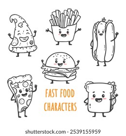 conjunto de personagens de desenho animado fast food isolados em branco. Batatas fritas, hambúrguer, cachorro-quente, pizza e donut, sanduíche em estilo doodle. Ilustração vetorial
