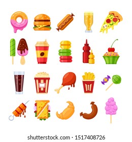 Set of cartoon fast food icons. Isolated on white background. Vector illustration.