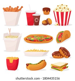 Set of cartoon fast food icons on white background. Hamburger, pizza, sausages, snacks, sandwich, ice cream, food menu. Vector illustration