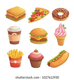 Set of cartoon fast food. Vector isolated  illustration. Sandwich, pizza, donut, coffee, cheeseburger, ice cream, french fries, muffin, hot dog. For menu.