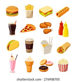 Set Of Cartoon Fast Food. Vector Illustration, Eps10, Isolated On White.