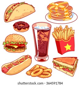 Set of cartoon fast-food icons. Vector icons set  on a white background. Tacos, pancake, donuts, french fries, hamburger, hot-dog, glass of cola, sandwich and onion rings.