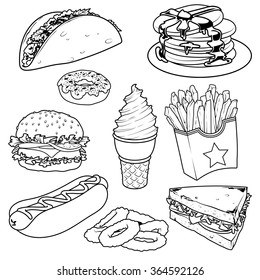 Set of cartoon fast-food icons. Vector icons set  on a white background. Tacos, pancake, donuts, french fries, hamburger, hot-dog, glass of cola, sandwich and onion rings.