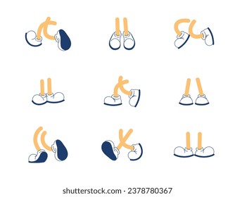 Set of cartoon feet in shoes. Retor style. Vector set. Insulated shoes, stepping movements.