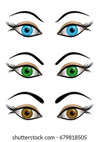 Set of cartoon female eyes blue, brown and green colors. Vector illustration