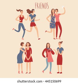 Set of cartoon female friends in various lifestyles.   Characters illustrations for your design.