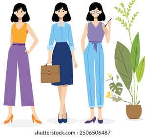 A set of cartoon Female girl characters vector illustration in flat style