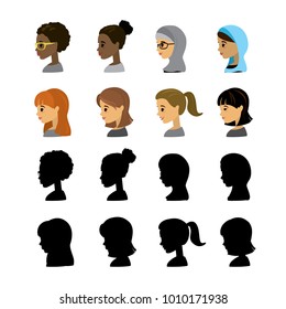Set of cartoon female head in profile and silhouette,different races and hairstyle,isolated on white background,flat vector illustration