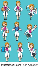 Set with cartoon female medical doctor in different poses.