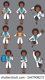 Set with cartoon female medical doctor in different poses.