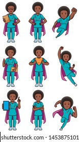 Set with cartoon female superhero medical nurse in different poses.