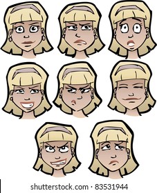 Set of cartoon female's faces with emotional expressions