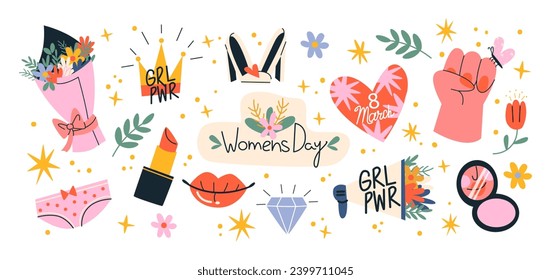 Fijamos stickers feministas de caricaturas para el 8 de marzo, Día Internacional de la Mujer. Pegatinas para las vacaciones de primavera, un ramo de flores, pintalabios, energía de las niñas. Conjunto de vectores