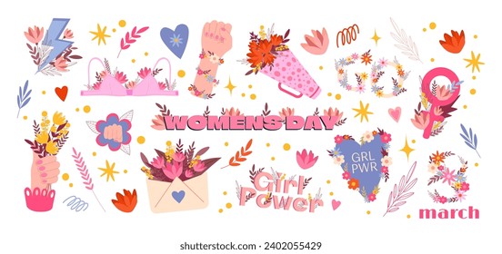 Fijamos stickers feministas de caricaturas para el 8 de marzo, Día Internacional de la Mujer. Pegatinas para las vacaciones de primavera, un ramo de flores, pintalabios, energía de las niñas. Conjunto de vectores