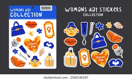 Set cartoon feminist stickers for March 8, International Women's Day. Stickers for the spring holiday, a bouquet of flowers, lipstick, girls power. Vector cartoon set on an isolated background and a s