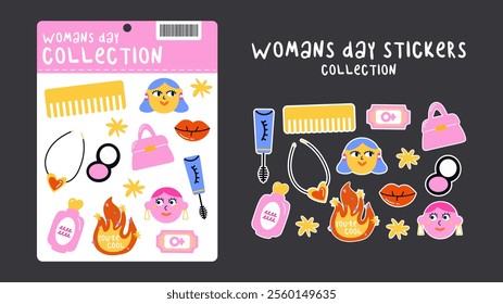 Set cartoon feminist stickers for March 8, International Women's Day. Stickers for the spring holiday, a bouquet of flowers, lipstick, girls power. Vector cartoon set on an isolated background and a s