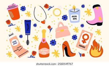 Set cartoon feminist stickers for March 8, International Women's Day. Stickers for the spring holiday, a bouquet of flowers, lipstick, girls power. Vector set 