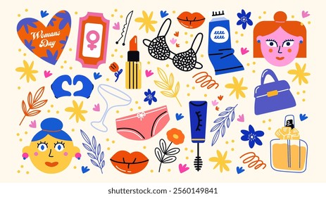 Set cartoon feminist stickers for March 8, International Women's Day. Stickers for the spring holiday, a bouquet of flowers, lipstick, girls power. Vector set