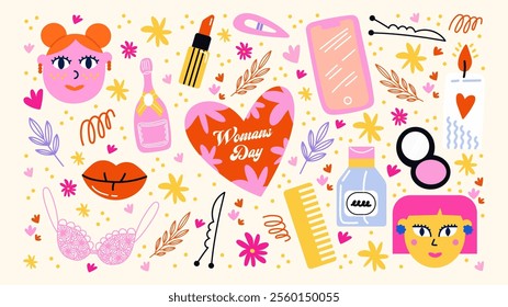 Set cartoon feminist stickers for March 8, International Women's Day. Stickers for the spring holiday, a bouquet of flowers, lipstick, girls power. Vector set