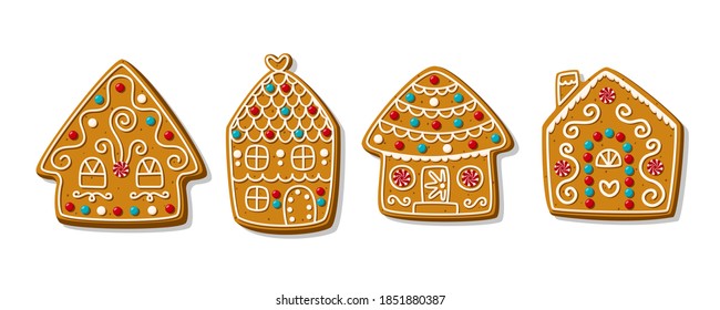 Set of cartoon festive gingerbread houses. Festive homemade Christmas cookies. Vector illustration.