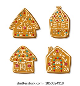 Set of cartoon festive gingerbread houses with a short phrase. Homemade Christmas cookies. Vector illustration.