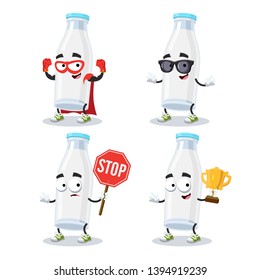 set of cartoon filled glass milk bottle character mascot on white background