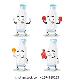 set of cartoon filled glass milk bottle character mascot on white background