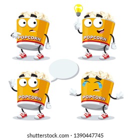 set of cartoon filled yellow popcorn bucket character mascot on white background