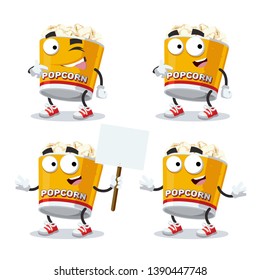 set of cartoon filled yellow popcorn bucket character mascot on white background